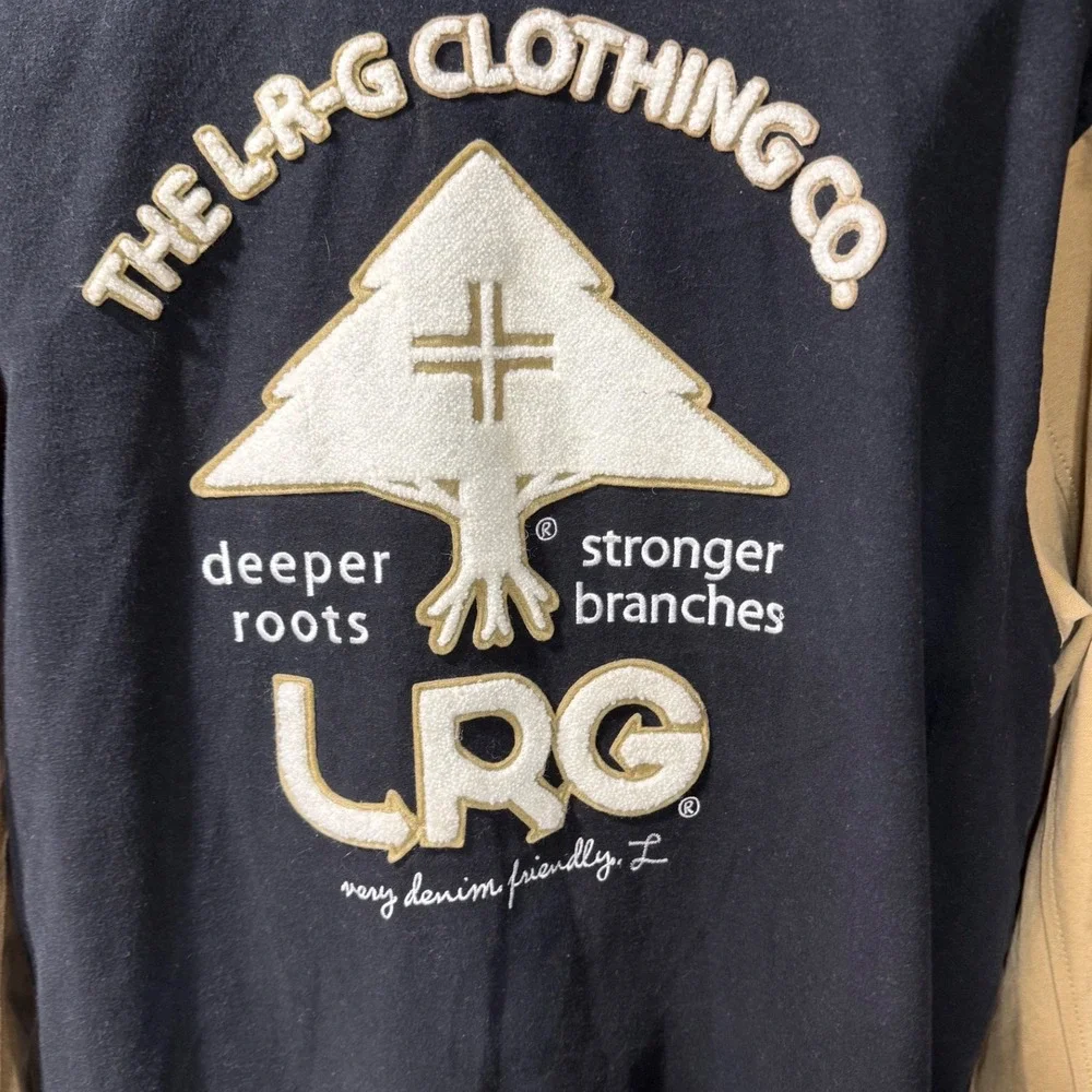 LRG Mens XXL Black Tan Deeper Roots Varsity Jacket Embroidered Streetwear Y2K